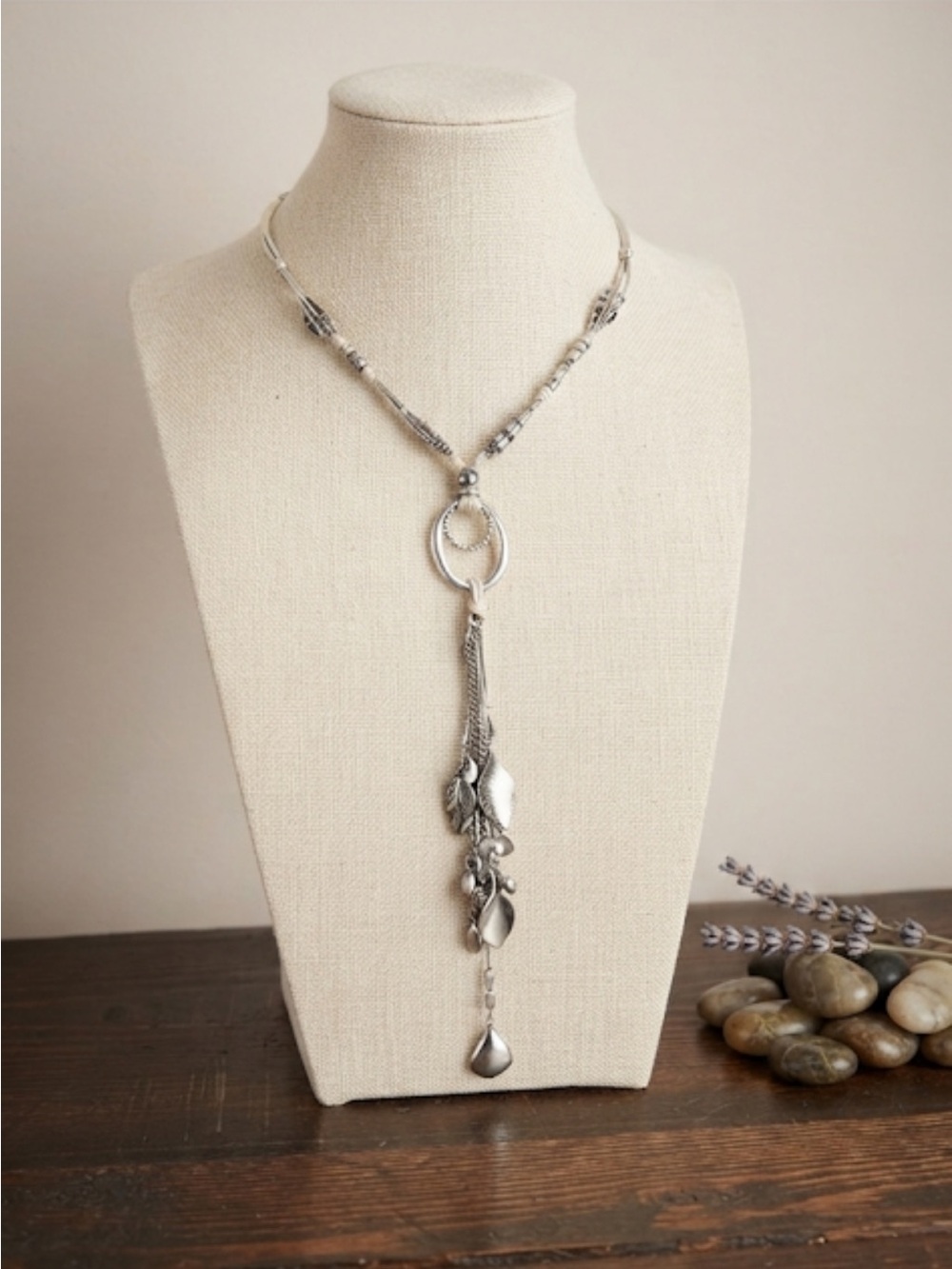 Boho Silver-Tone Long Statement Tassel & Ring Pendant Necklace